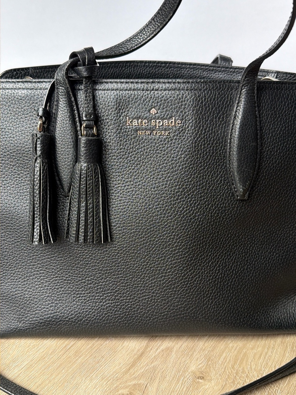 Kate Spade New York Black Leather Tote with Tassel Detail